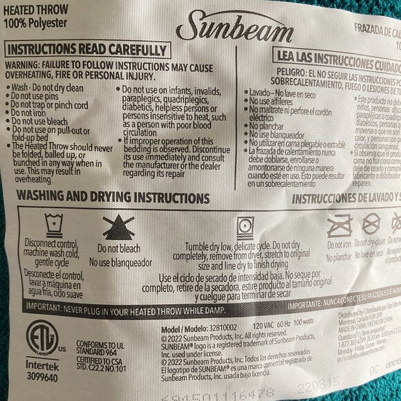 Electric Throw Blanket - Sunbeam 50"x60" - Picture 3 of 8
